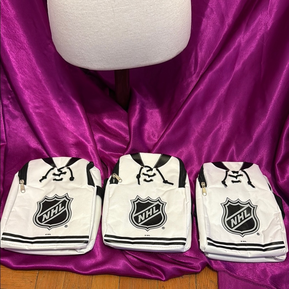 3 NEW NHL White and Black zip up cooler bags for bevys